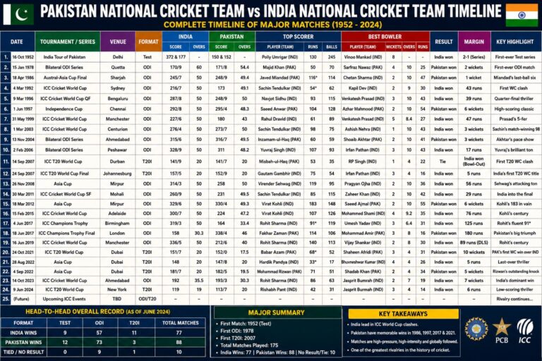 pakistan national cricket team vs india national cricket team timeline
